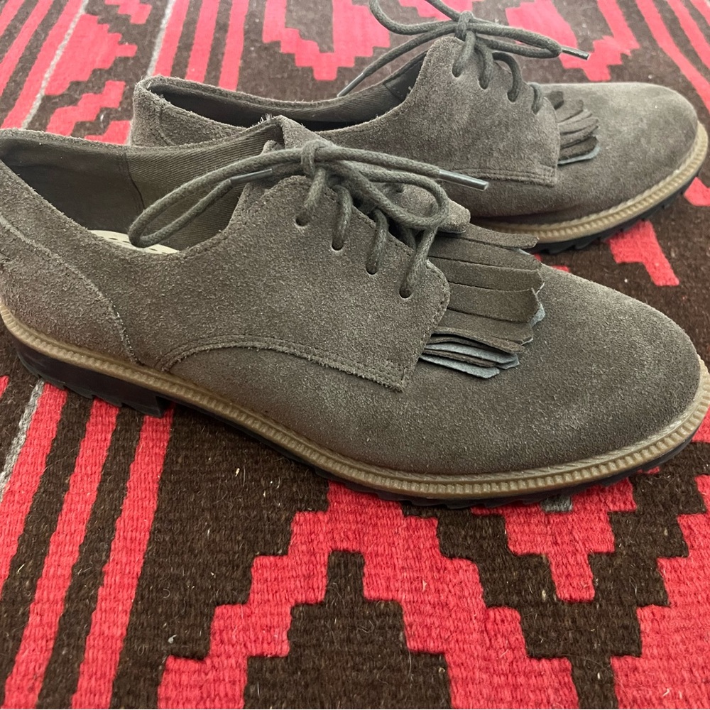 Olive suede kiltie tie-on loafers